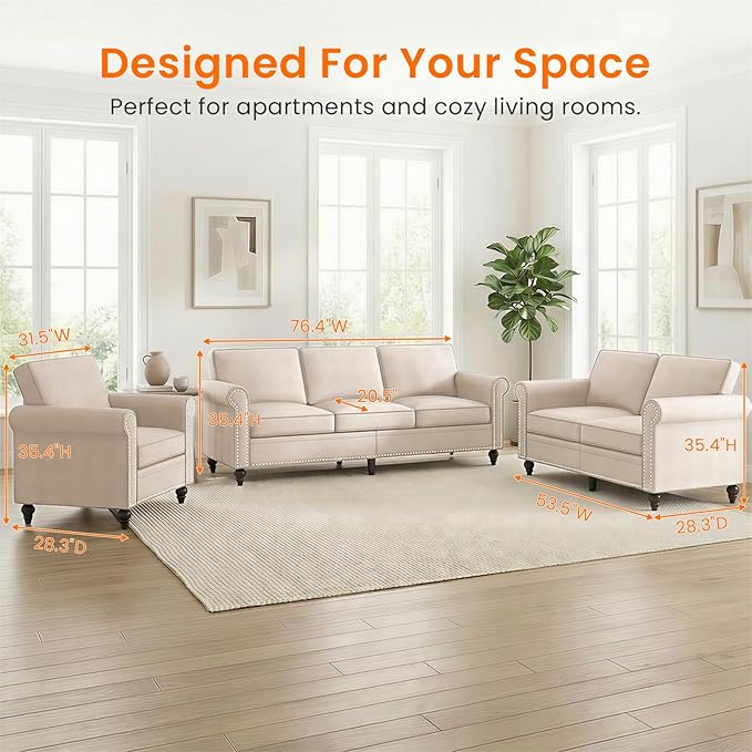 Living Room Sofa Sets 3 Piece, Modern 3 Seater Sofa and Loveseat Couch and - Image 6
