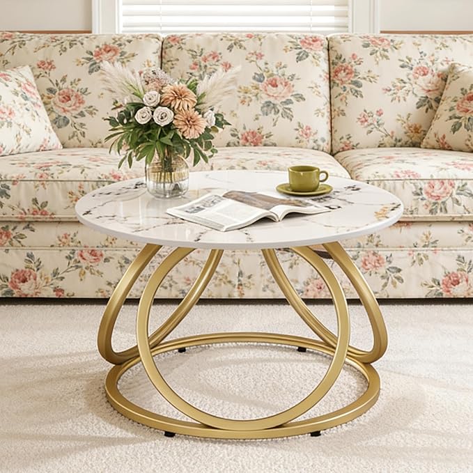 O&K FURNITURE Modern Gold Coffee Table, Faux Marble Pattern Center Table - Image 5