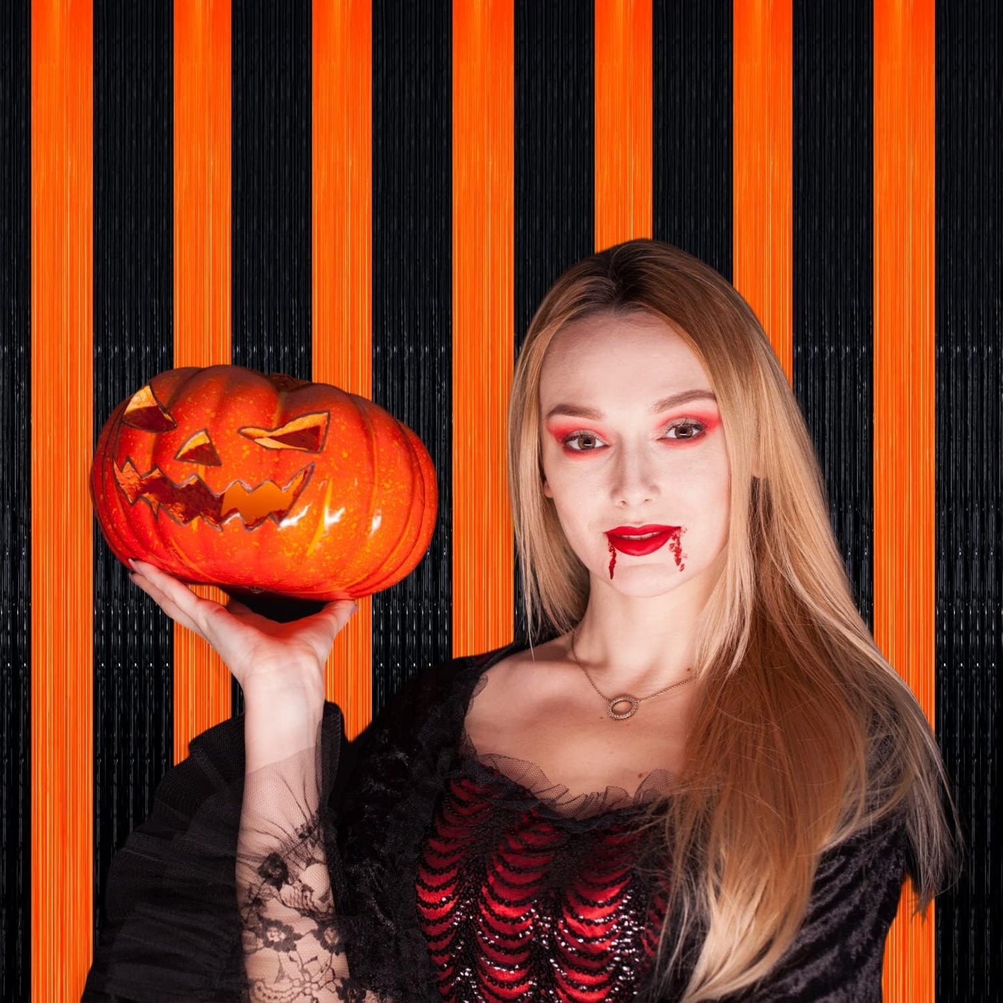 4 Pack Black Orange Foil Fringe Curtain Backdrop, 3.28Ft x 9.8Ft Metallic Tinsel Foil Fringe Streamers Curtains for Photo Booth, Wedding, Thanksgiving, Birthday, Christmas, Halloween Party Decoration