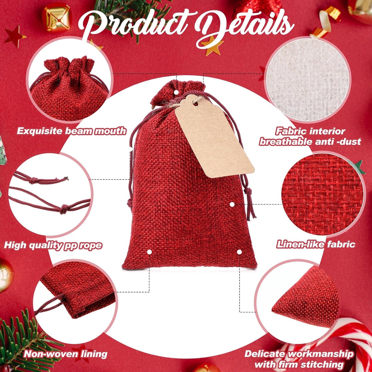 Woanger 100 Pcs Burlap Gift Bags with 100 Pcs Kraft Paper Gift Tags with Drawstring Favor Bulk Burlap Sack Bags for DIY Wedding Party Craft(4 x 6 Inch,Red)