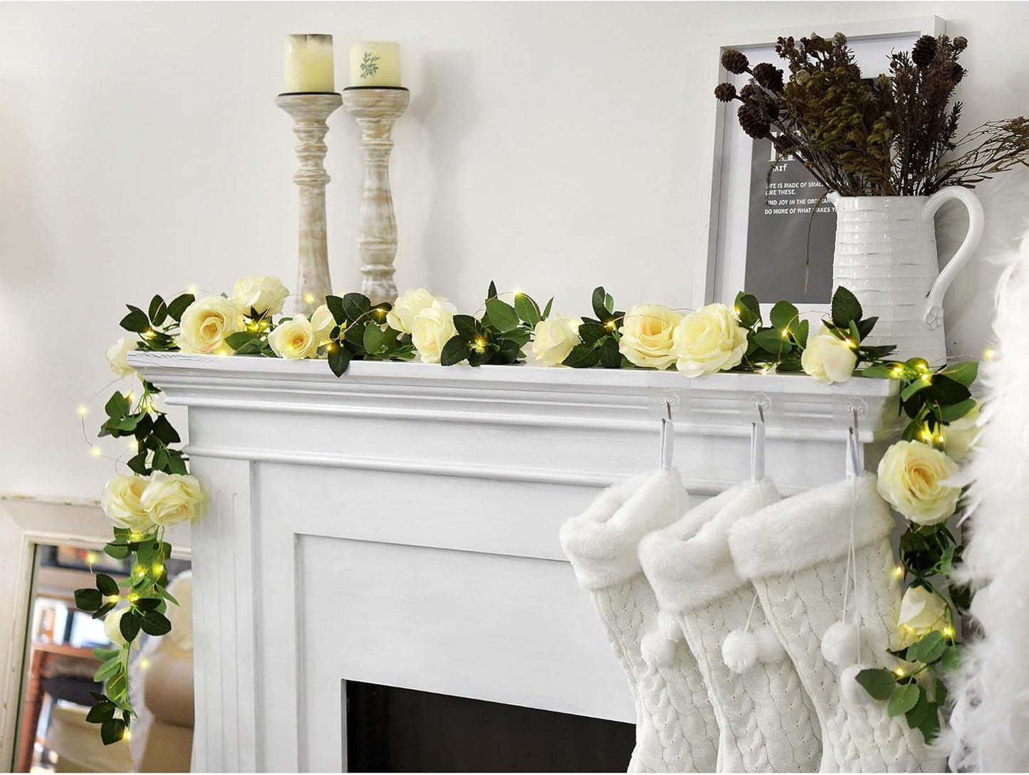 FiveSeasonStuff Product Image 29 Ft 4 Pack Cream White Rose Silk Flower Garland Artificial Flowers Decoration Hanging Floral with 66 feet String Lights