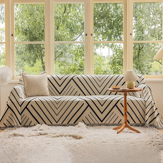 VClife Modern Geometric Couch Slipcover Black Beige Cream Arrow Herringbone by VCLIFE