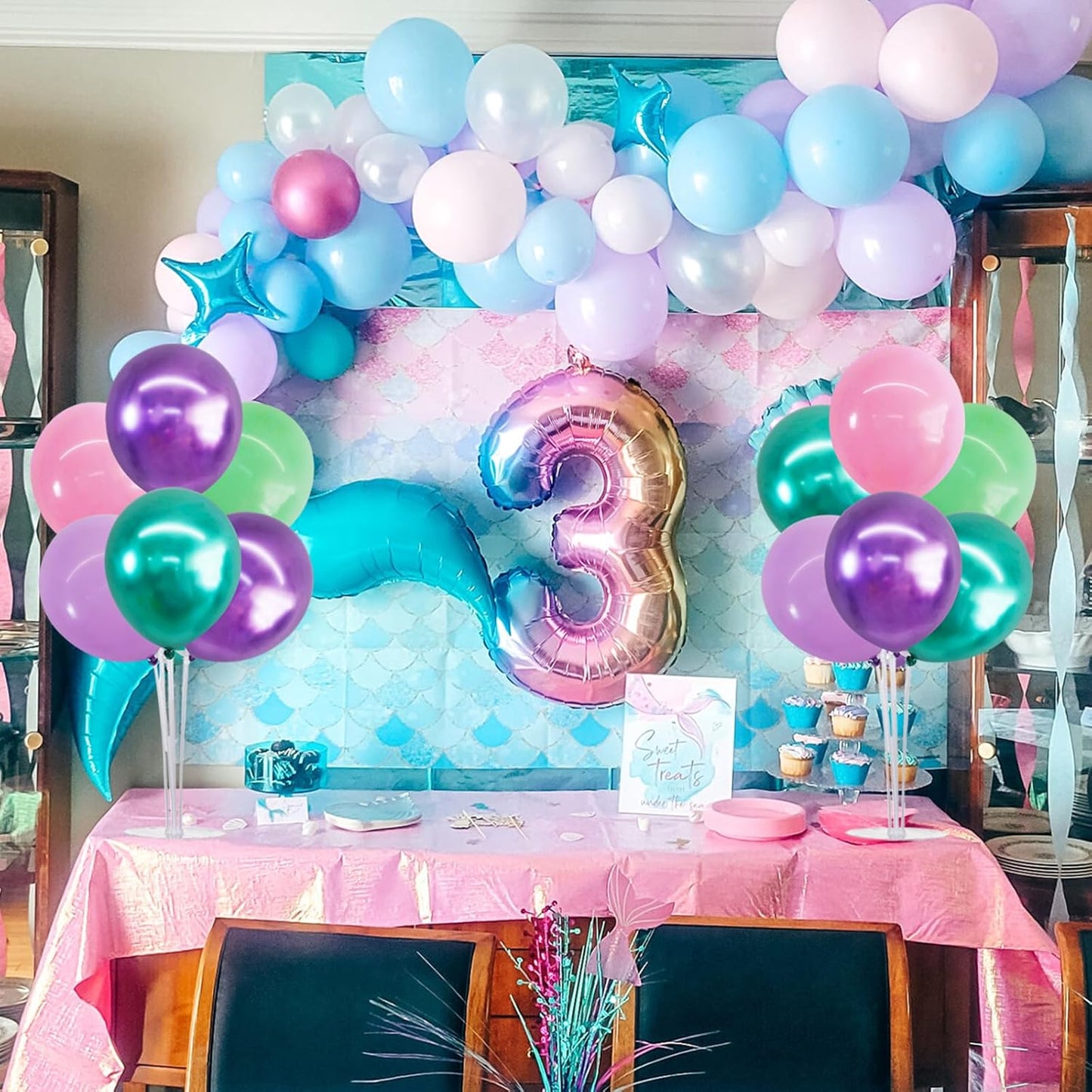 TONIFUL 4 Set Metallic Purple Pink Green Balloon Stand Centerpiece Table Decorations for Girls Mermaid Birthday Party Decoration,Baby Shower, Summer Luan Party, Under The Sea Party Decorations