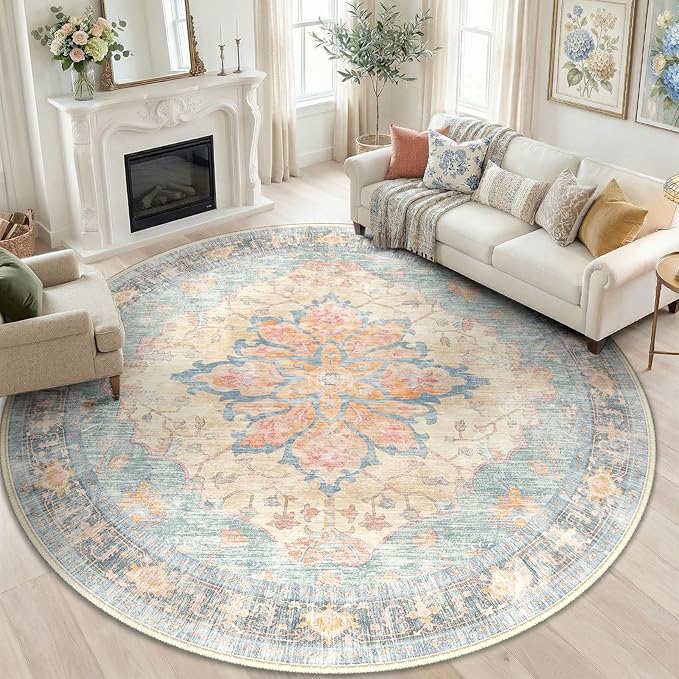 RELEANY Area Rugs Round 8ft Washable Non-Slip, Floral Vintage Distress Print by RELEANY