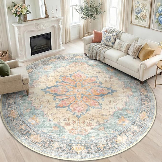 RELEANY Area Rugs Round 8ft Washable Non-Slip, Floral Vintage Distress Print by RELEANY