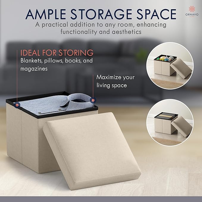 Ornavo Home Small Storage Ottoman Foldable Collapsible Cube Square Linen - Image 3
