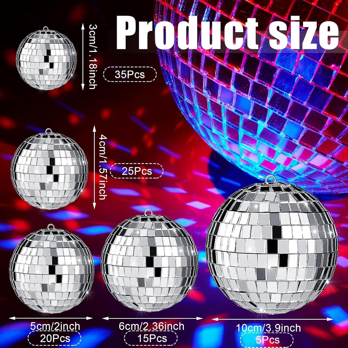 Funtery 100 Pcs Mirror Disco Balls Bulk Assorted Silver Hanging Disco Ball Decor for Home Wedding Birthday Dance Music 70 S Theme Party Christmas Tree Ornaments(1.2'',1.6'',2'',2.4'',4'')
