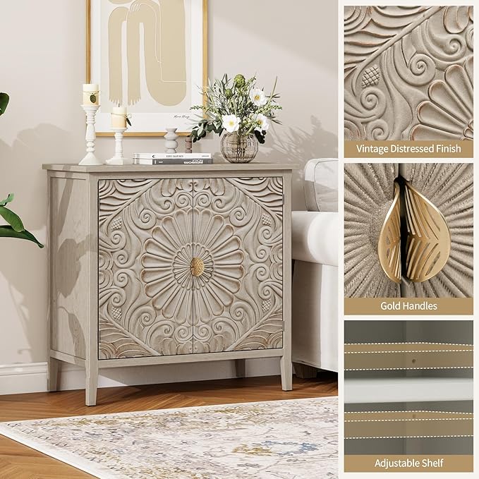 Carved Buffet Cabinet with Floral Pattern & Gold Handle, 31.5" W Distressed - Image 5