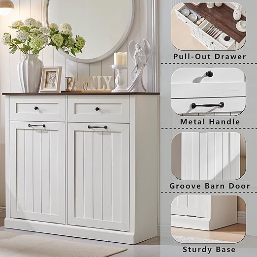 IFGET Double Tilt Out Trash Cabinet, 20 Gallon Farmhouse Laundry Hamper Cabinet - Image 3