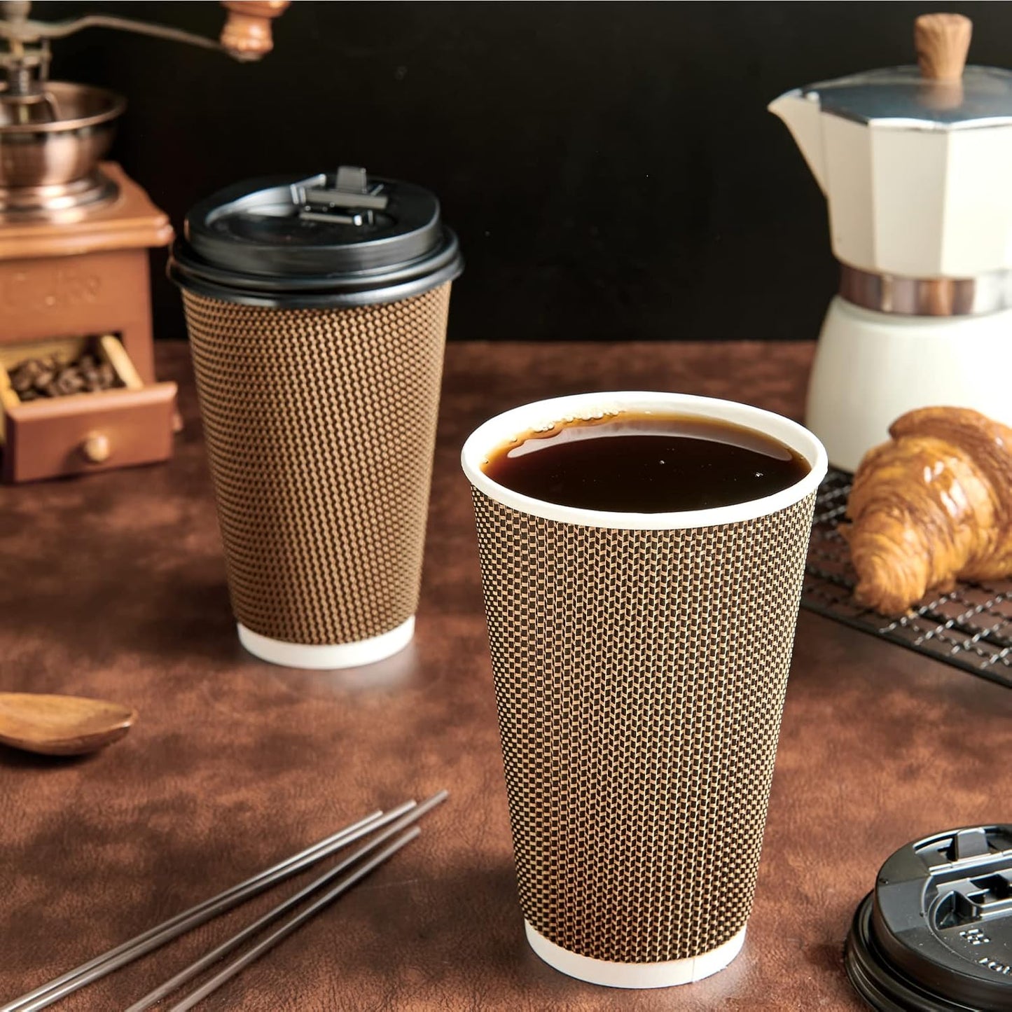 LITOPAK 80 Pack 16 oz Paper Coffee Cups, Insulated Ripple Wall Paper Cups with Lid and Straws, Three Layer Insulated Hot Beverage Cups for Hot Drinks, Coffee Cups for Parties, Picnic, and Travel