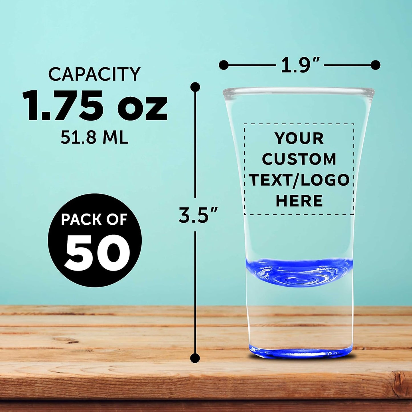 Custom 2 oz. Lord Shooter Etched Shot Glasses, 50 pack, Personalized Text, Logo, 21st Birthday Party, Lounge Glassware, Blue