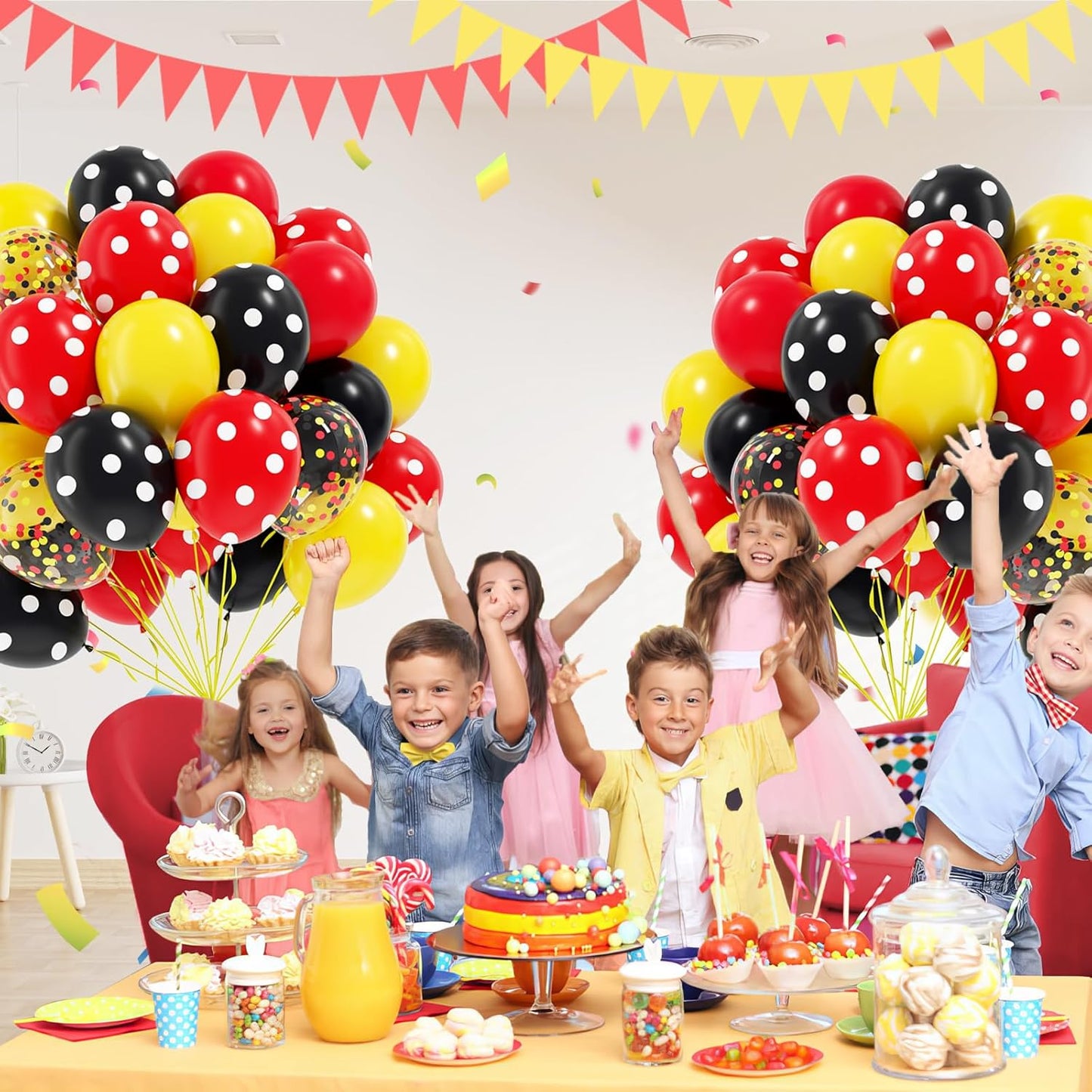 60pcs Red and Yellow Balloons 12inch with Red Print Confetti Black and Yellow Balloons for Baby Shower 1st 2nd 3rd Birthday Party Decorations