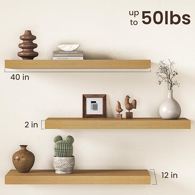 40Inch Oak Floating Shelves for Wall, 12 Inch Deep Shelves for Bedroom - Image 3