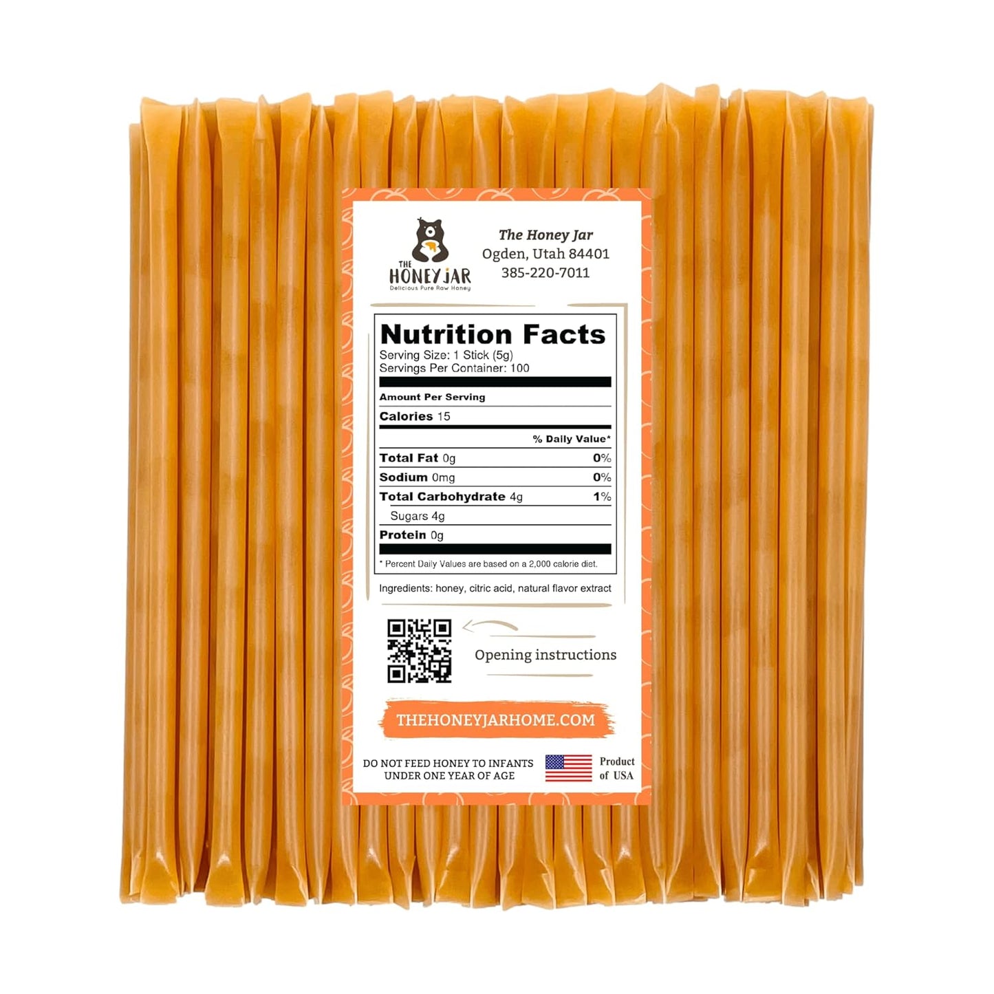 The Honey Jar Peach Flavored Honey Sticks - Pure Honey Straws For Tea, Coffee, or a Healthy Treat - One Teaspoon of Flavored Honey Per Stick - Made In The USA with Real Honey - (100 Count)