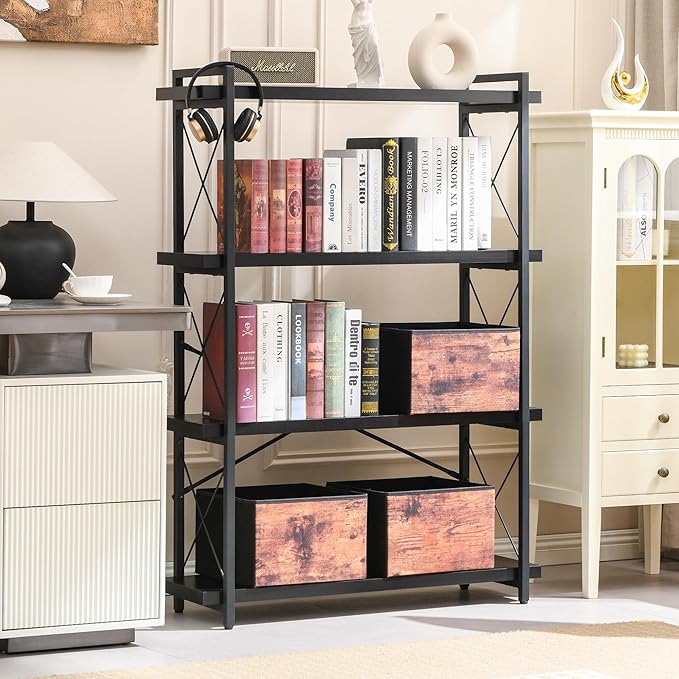 HCHQHS Bookshelf, 4-Tier Industrial Bookcase, Freestanding Tall Bookshelves - Image 2