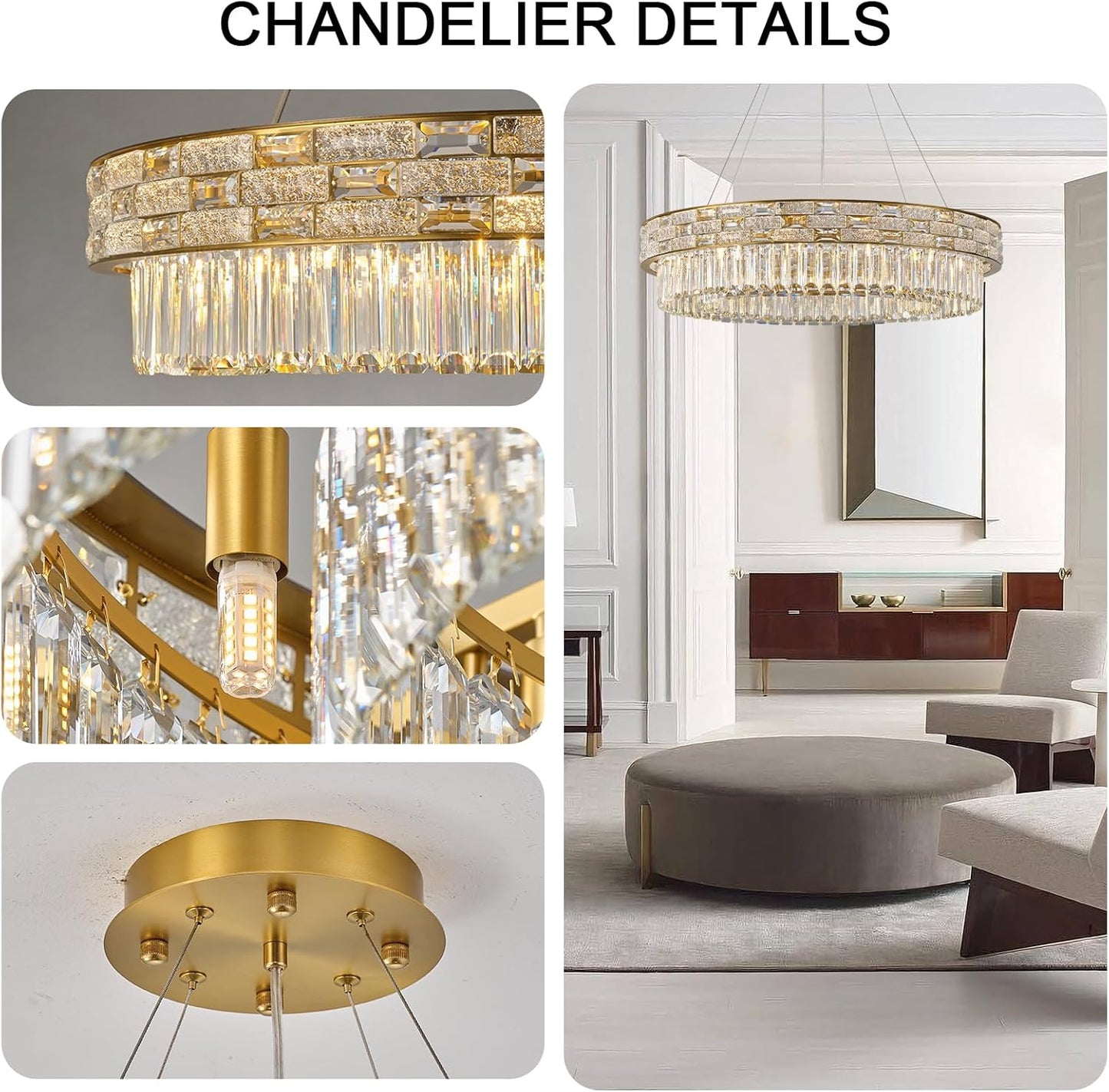 Crystal Chandelier, 31" 12-Light Large Chandelier for Living Room, Round Gold Chandeliers for Bedroom, High Ceiling Chandeliers, Foyer Lighting Fixtures Hanging Lights Dimmable