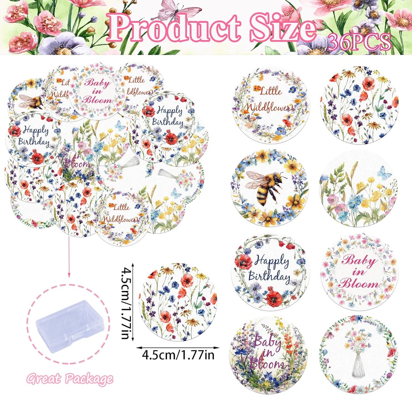 36PCS Edible Wildflower Cupcake Toppers Wafer Paper Baby in Bloom Baby Shower Decorations Flower Birthday Party Decorations Wildflower Cake Toppers for Birthday Party Supplies (Round)