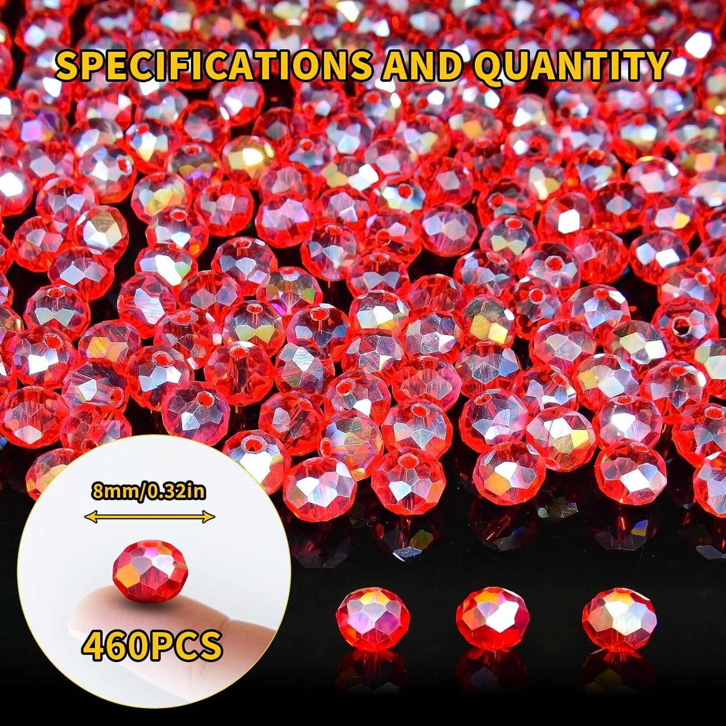 460Pcs 8mm Crystal Glass Beads for Jewelry Making Beads for Bracelets Necklace Pendants Making Supplies(Red)