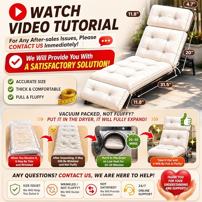 Outdoor Chaise Lounge Cushion, Waterproof 74.4x22x4.7 Inch Thick Cotton Filled - Image 3