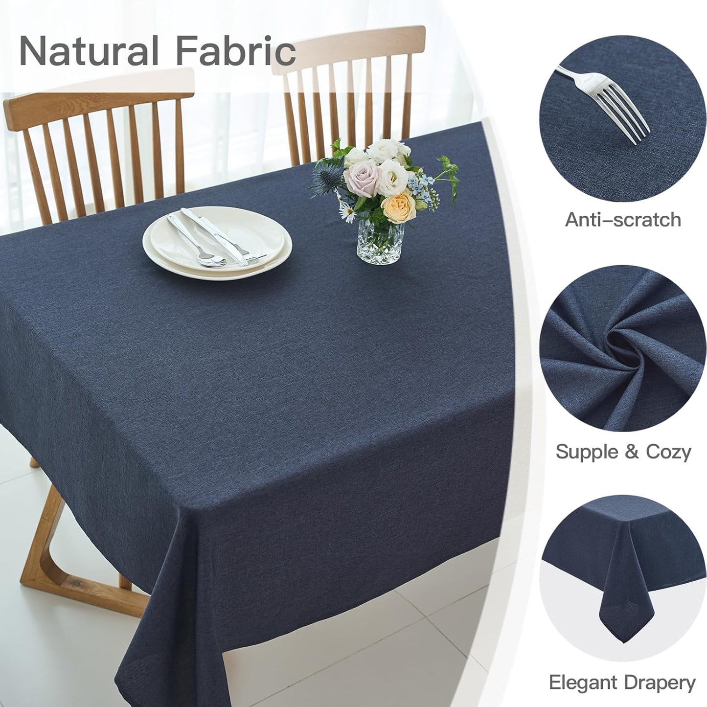 maxmill Linen Textured Rectangular Tablecloth Water Resistant Wrinkle Free Spill-Proof Stain Proof Dining Room Table Cloth Decoration Banquet Party Wedding Holiday Dinner, 52 x 84 Inch, Navy Blue