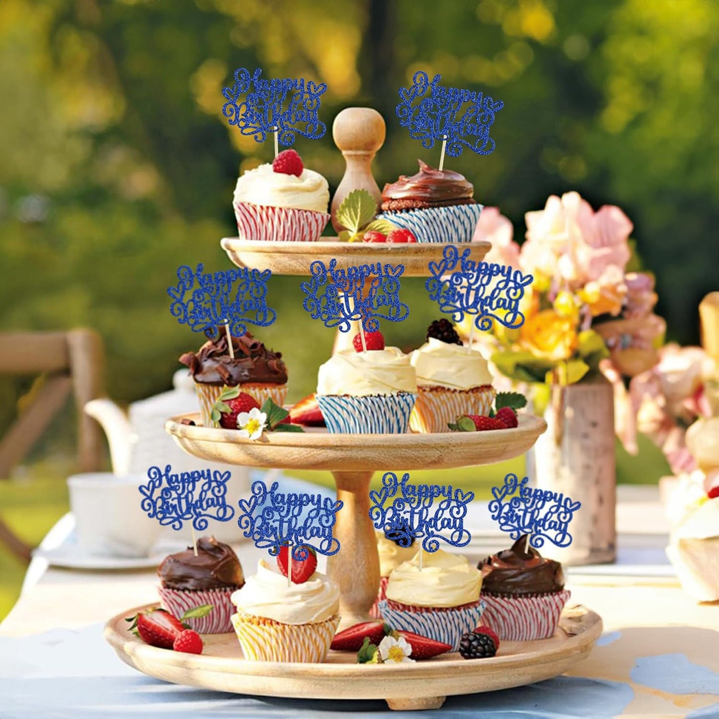 Gyufise 24Pcs Happy Birthday Cupcake Toppers Glitter Happy Birthday Cupcake Picks for Celebrating Happy Birthday Party Decor Anniversary Theme Party Cake Decorations Supplies Dark Blue