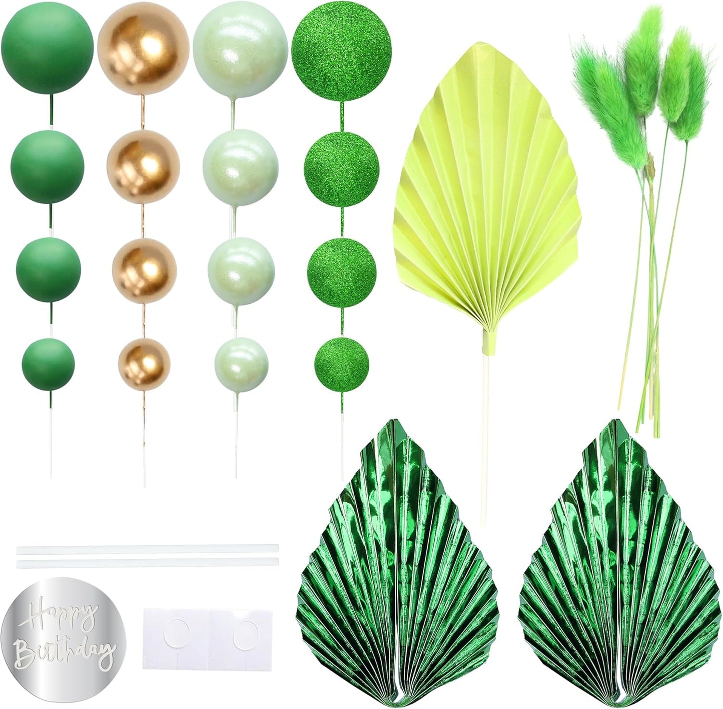 Ephlyn 33 Pack Balls Cake Toppers Boho Palm Leaves Cake Decorations Round Acrylic Happy Birthday Cupcake Toppers for Birthday Wedding Baby Shower Party Supplies Green