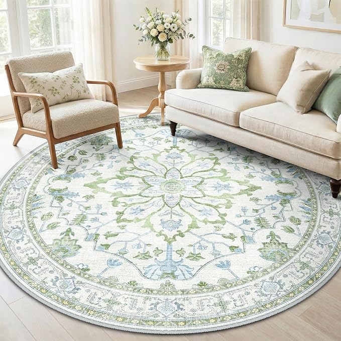 RELEANY Area Rugs Round 6ft Washable Non-Slip, Floral Vintage Distress Print by RELEANY