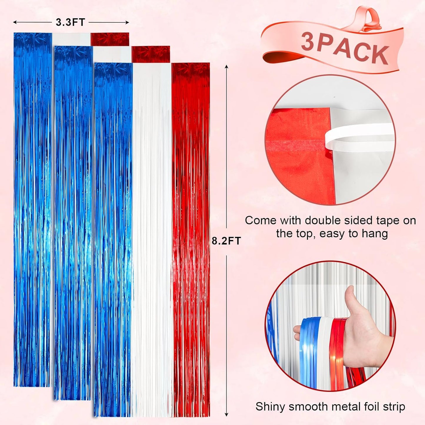 3 Pack 3.3 x 8.2 ft Red White and Blue Foil Fringe Backdrop Curtains, Tinsel Streamers Party Decorations, Fringe Backdrop for Patriotic, Memorial Day, 4th of July, Independence Day