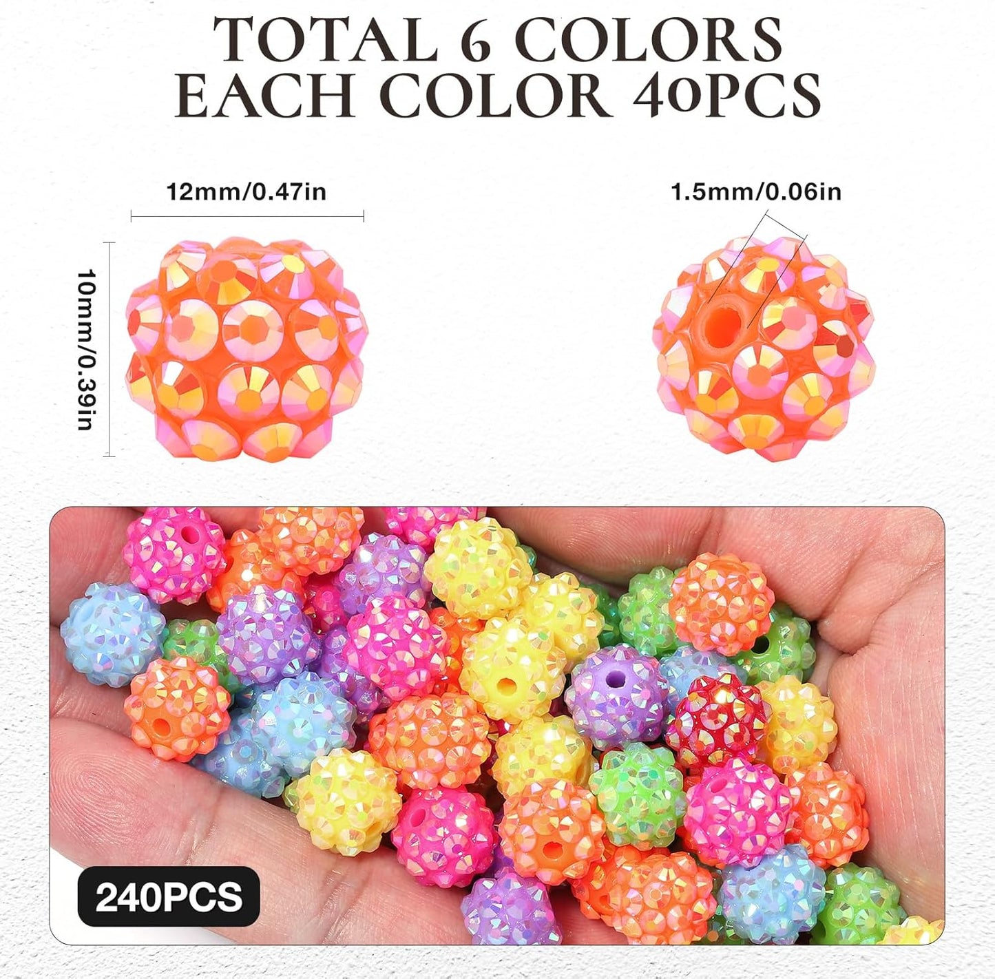 novani 240pcs 10mm Round Rhinestone Beads for Jewelry Making, Resin & Clay Material, Candy Colors, Disco Ball Style, DIY Crafting