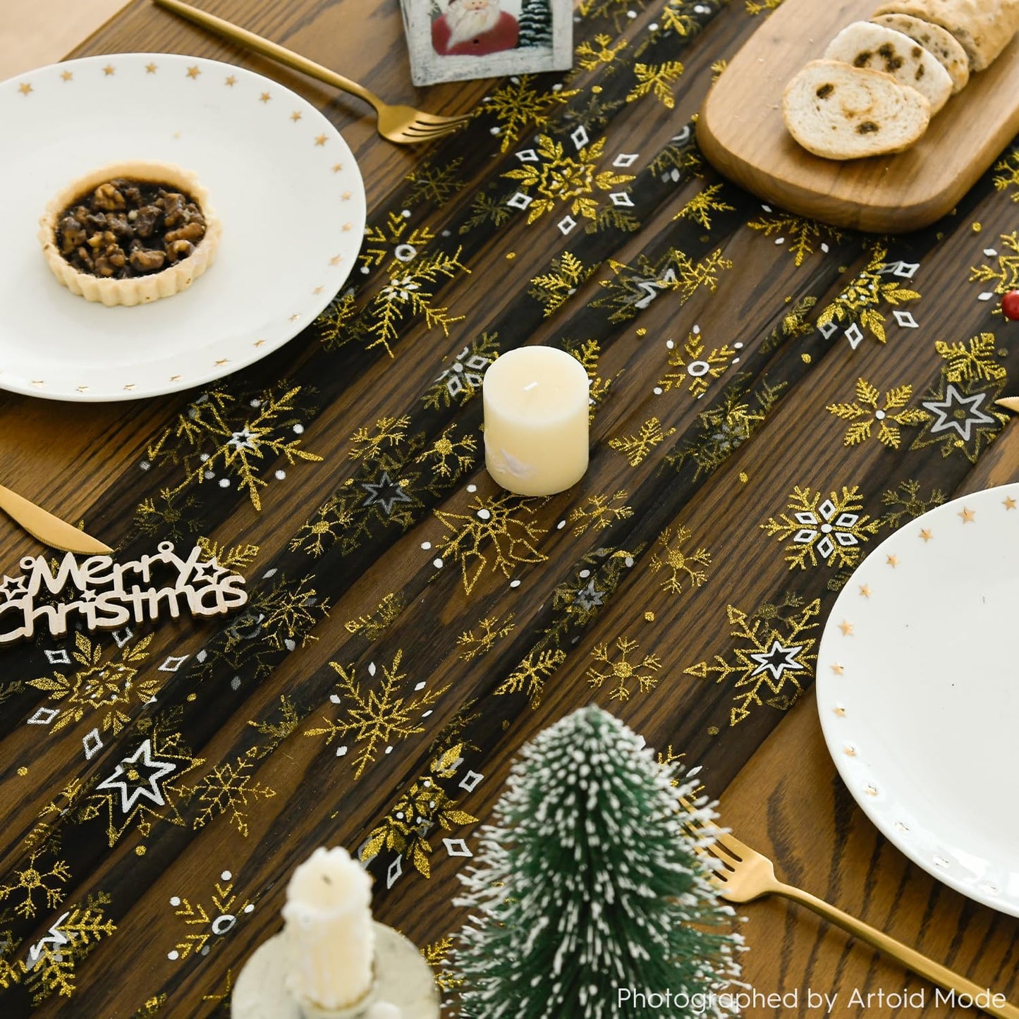 Artoid Mode Black Gold Snowflakes Christmas Gauze Table Runner 120 Inch 10FT, Winter Seasonal Sheer Dining Holiday Wedding Table Decor for Home Party