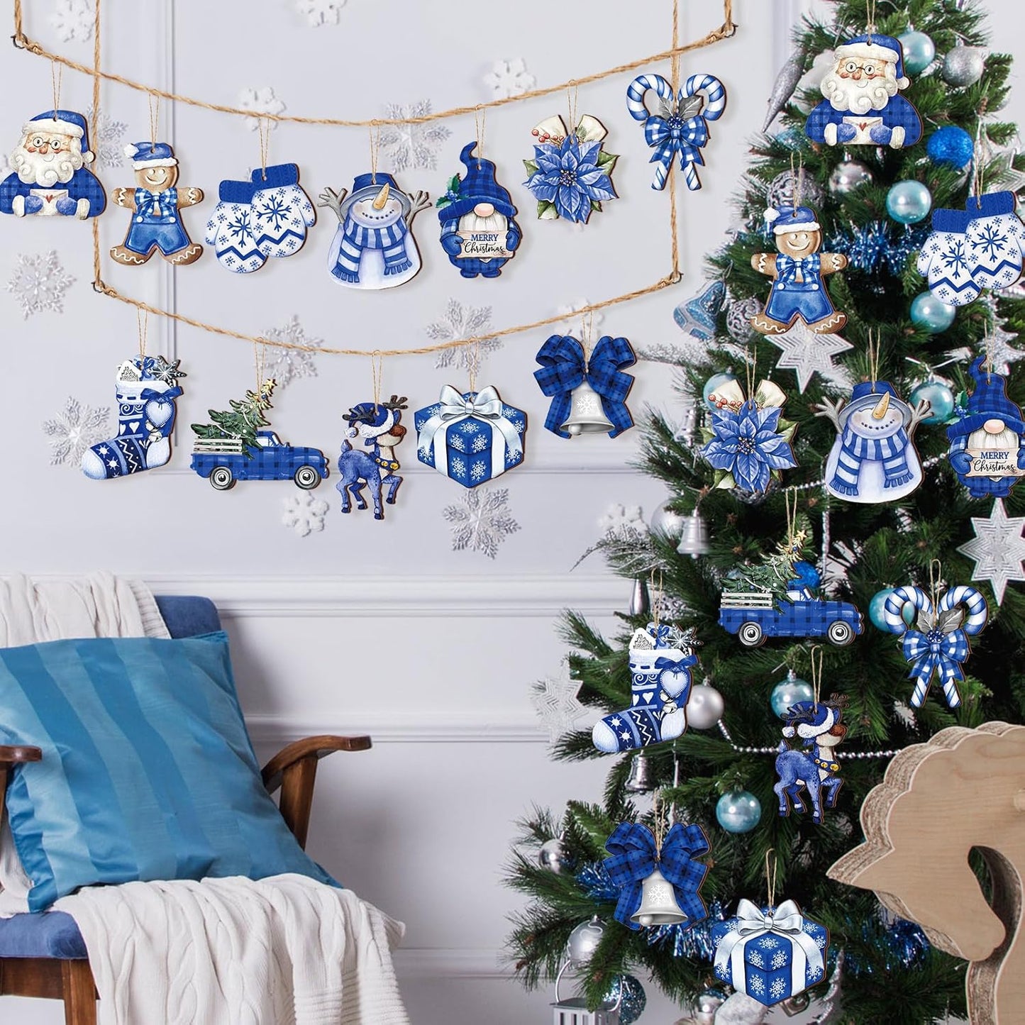 Suzile 36 Pcs Christmas Wooden Ornaments Blue Christmas Ornaments for Tree Vintage Winter Tree Decorations Xmas Hanging Wood Cutouts Decor for Farmhouse Home Winter Holiday Party Wreaths