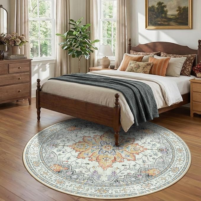 RELEANY Area Rugs Round 7ft Washable Non-Slip, Floral Vintage Distress Print - Image 2