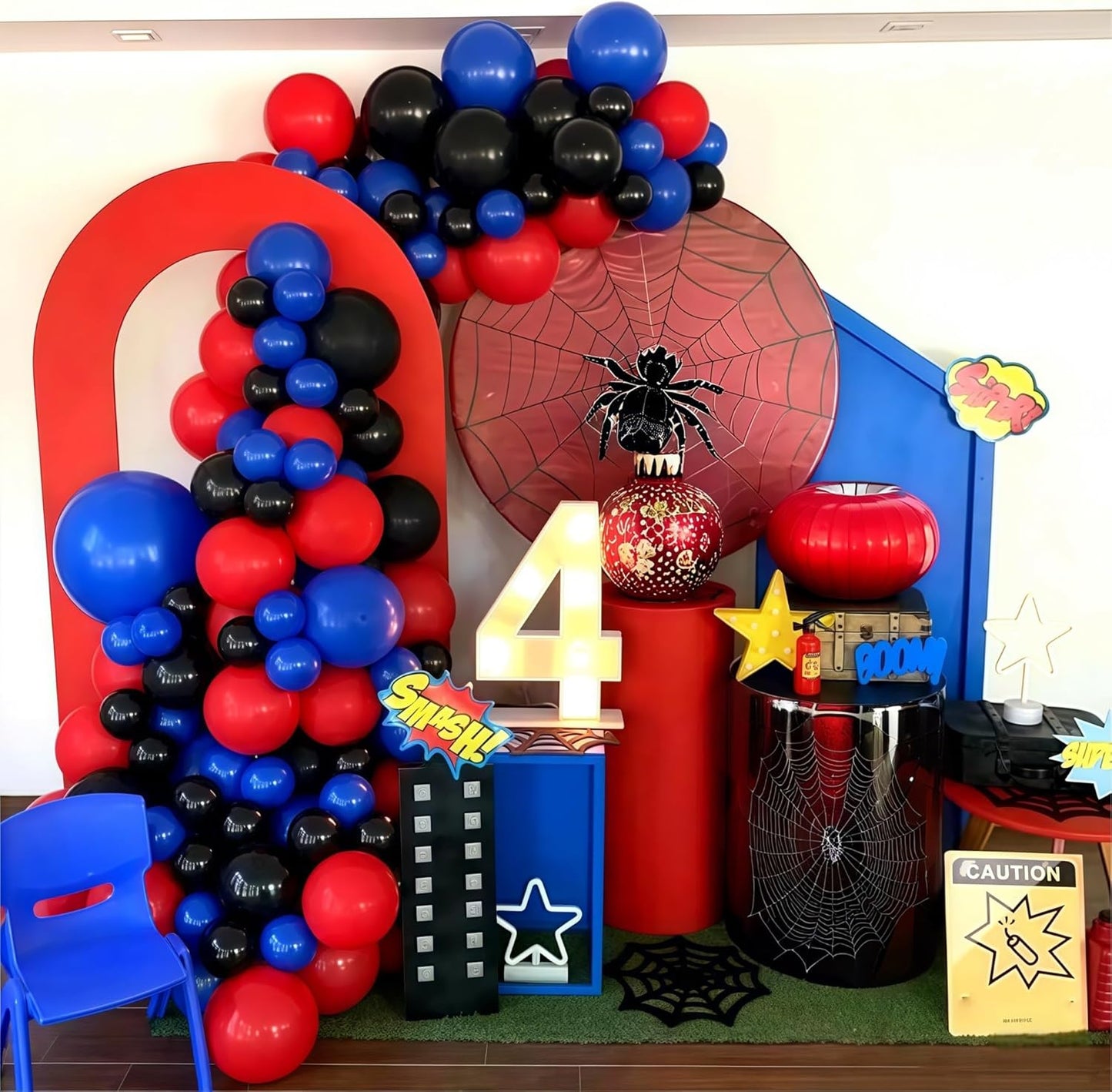 Red Blue Black Balloons, 12 Inch Royal Blue Red Confetti Latex Balloon with Black Helium Balloon Kit for Boys Spider Cool Man Halooween Theme Birthday Decor Graduation Party Decoration Supplies
