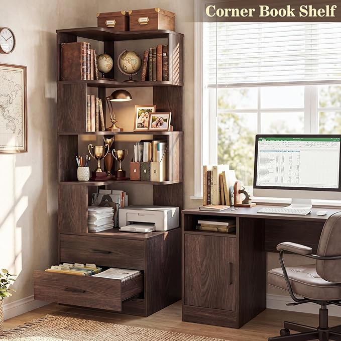Armocity Corner Bookshelf with Drawers, 7 Tier Corner Book Shelf Display - Image 5