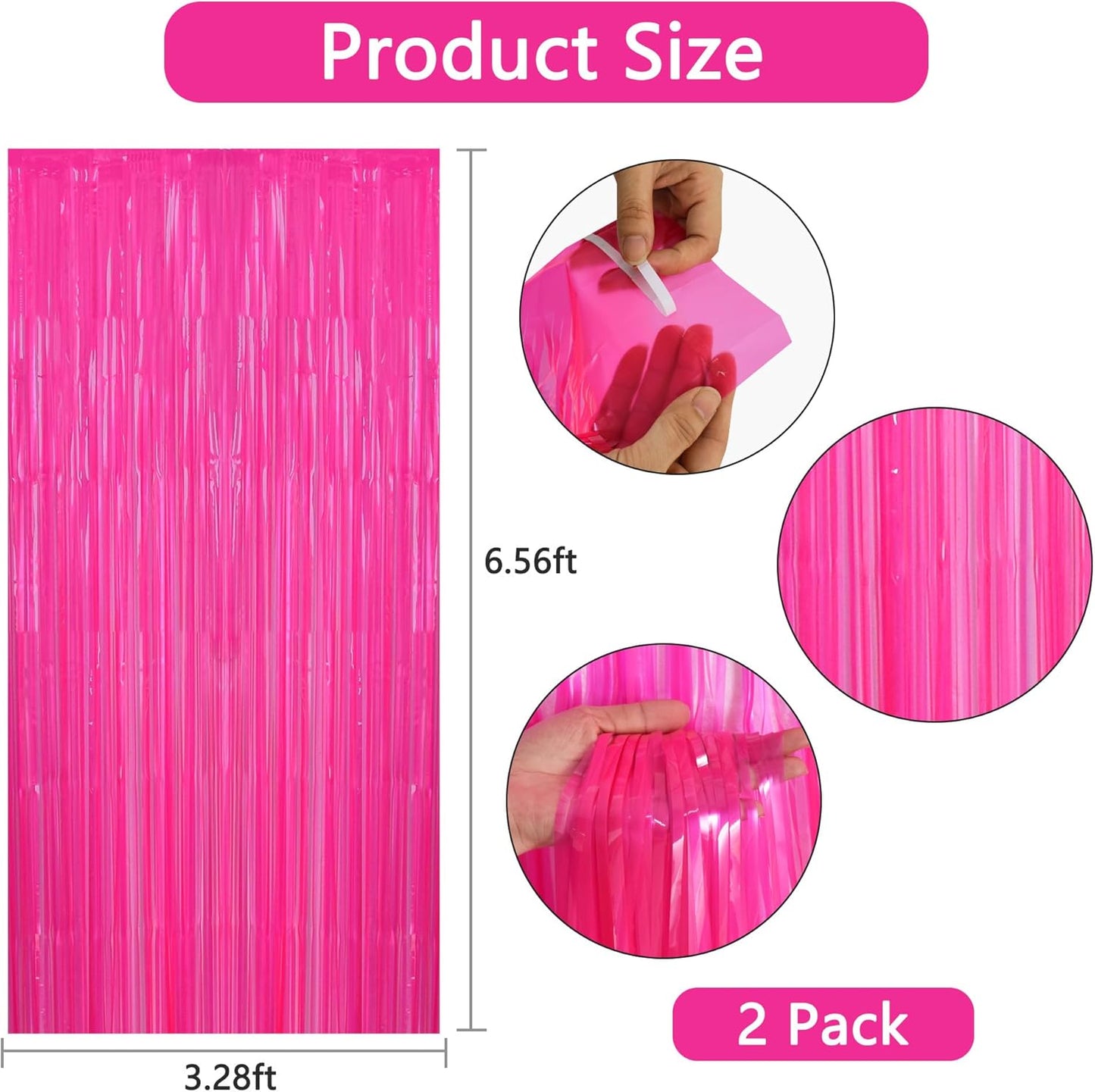 BEISHIDA 2Pcs Hot Pink Door Streamer Fluorescent Hot Pink Backdrop Blue Foil Fringe Curtains Tinsel for Birthday Baby Shower Backdrop Wedding Party Decoration (3.28 ft x 6.56 ft)