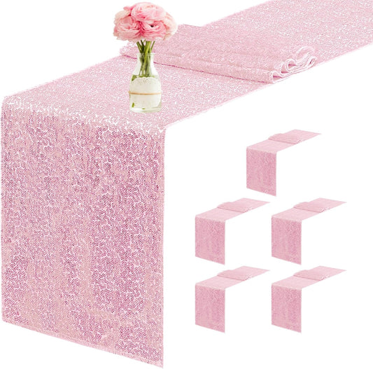 6 Packs 12 x 72 inches Sequin Table Runner, Pink Glitter Table Runner for Birthday Party Supplies Wedding Engagement Baby Shower Holiday Celebration Event Decorations