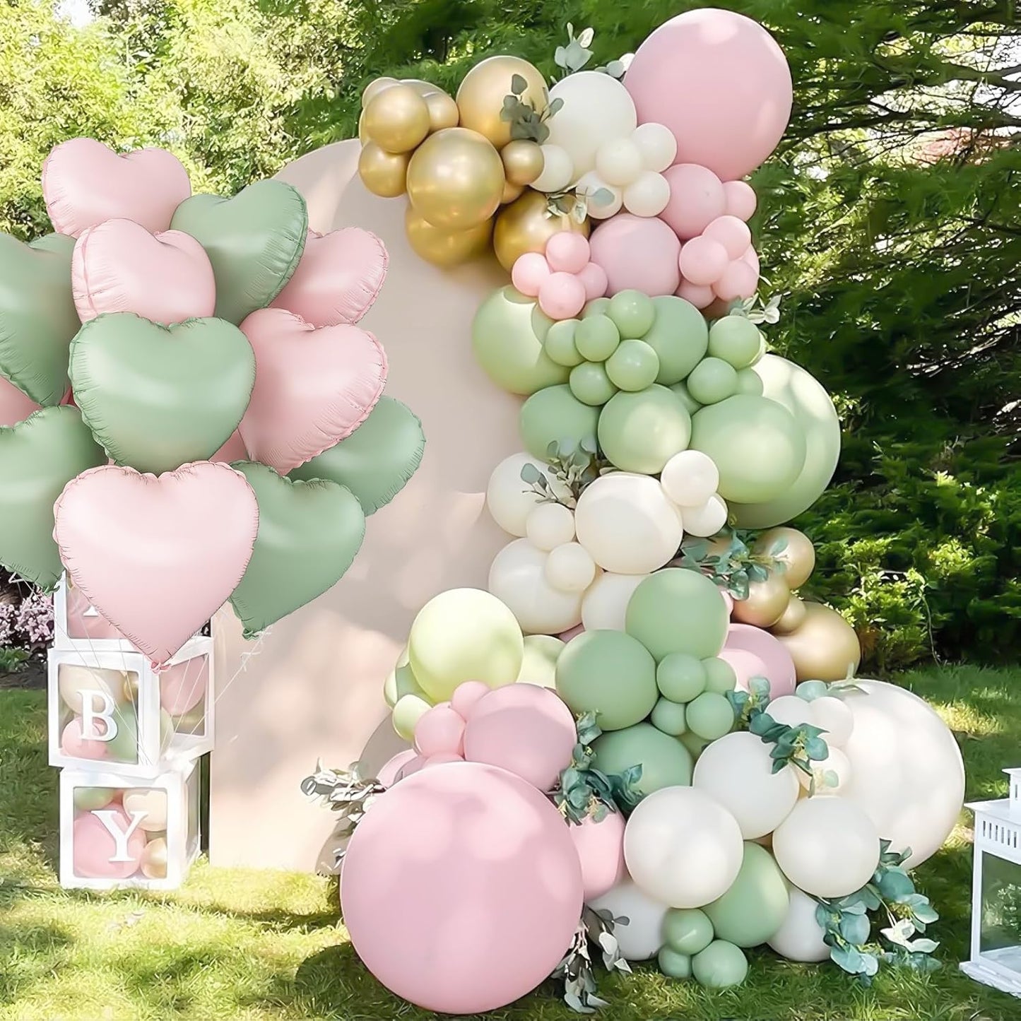 Pink Green Heart Balloons,12Pcs 18Inch Baby Pink Sage Green Heart Shaped Foil Helium Balloons for Baby Shower Birthday Anniversary Wedding Engagement Party Decorations