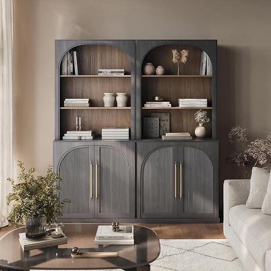 BELLEZE Storage Cabinet with Hutch Set of 2, Curved Styling Door Cabinet Curio by BELLEZE