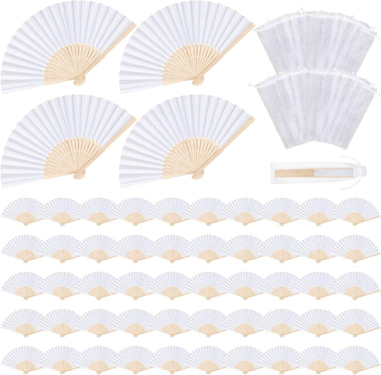 MCEAST 60 Pieces Wedding Handheld Paper Fans White Bamboo Folding Paper Fans with 60 Organza Bags Foldable Cool Wedding Favors Wedding Fans for Guests Party Favors DIY Decoration