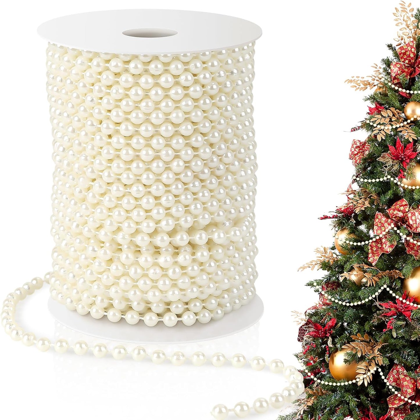 Pearl Beads Garland, 6 MM Ivory Faux String of Pearls 82FT Pearl Garland for Christmas Tree Pearls Beads Strand Spool Bead Roll for Crafts Floral Centerpieces Wedding Party Christmas Tree Decorations