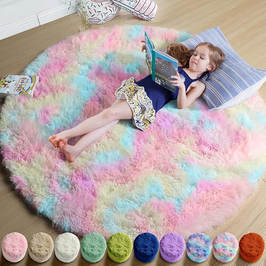 Amdrebio Rainbow Fluffy Round Rug 7Ft Kids Rugs by Amdrebio