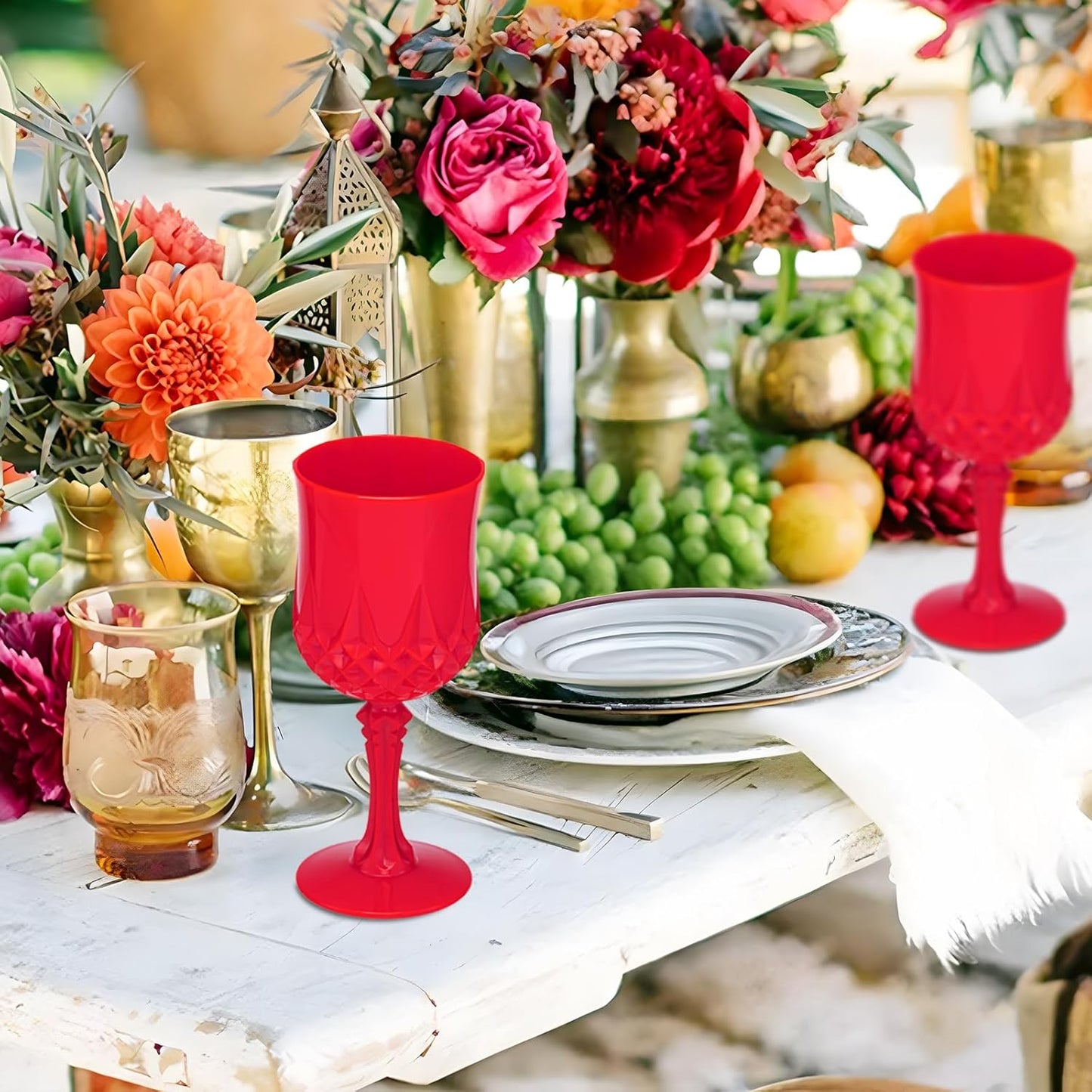 JLYLOL Plastic Vintage Wine Glasses 7OZ Plastic Goblets Vintage Drinking Glasses 12PCS Retro Wedding Glassware Water Goblets Reusable Drinking Cups for Party,Reception,Celebration,Bar,Whiskey(Red)