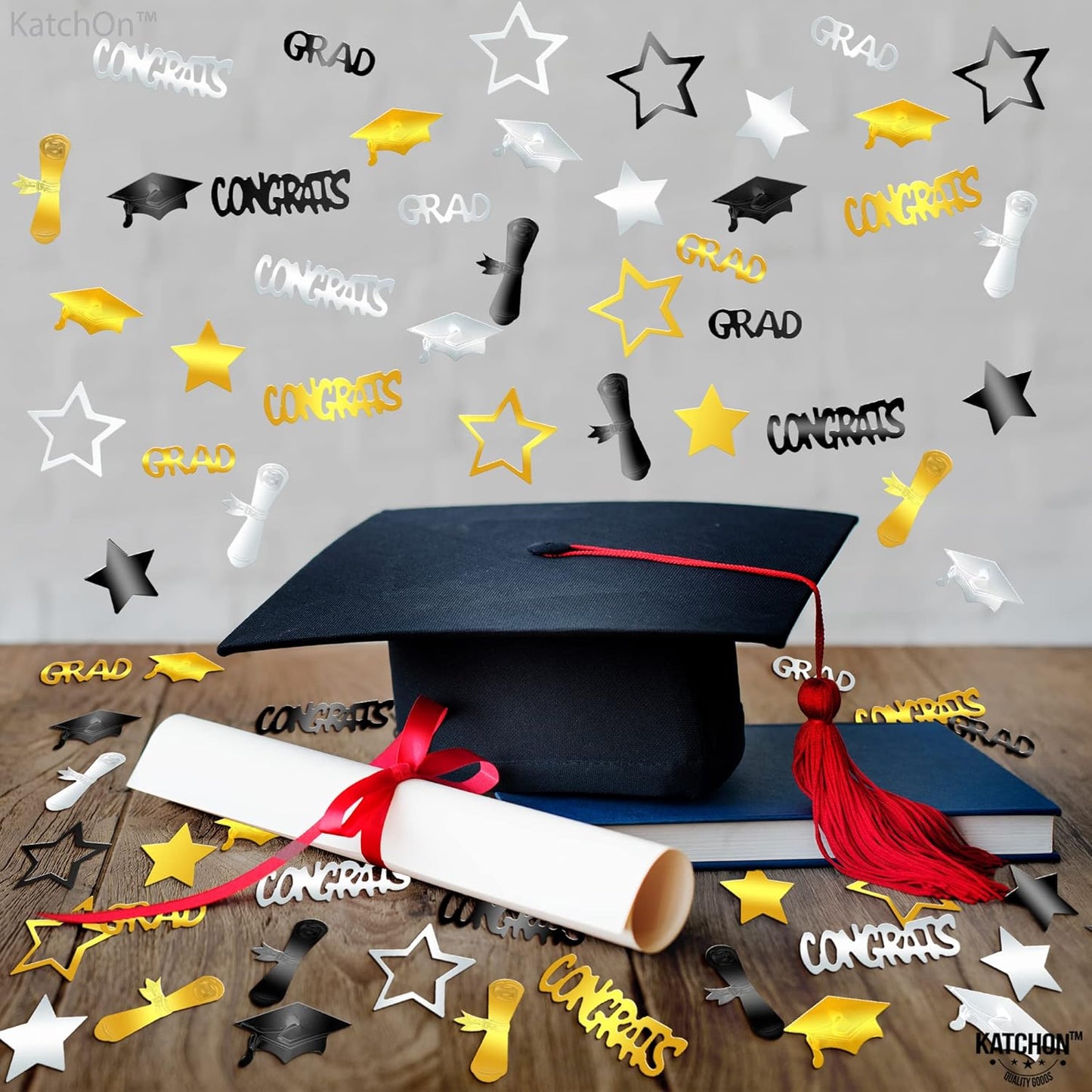 KatchOn, Congrats Grad Graduation Confetti 2025 - Pack of 1000 | Black and Gold Grad Decorations Class of 2025 | Grad Confetti Class of 2025 for Black and Gold Graduation Decorations 2025