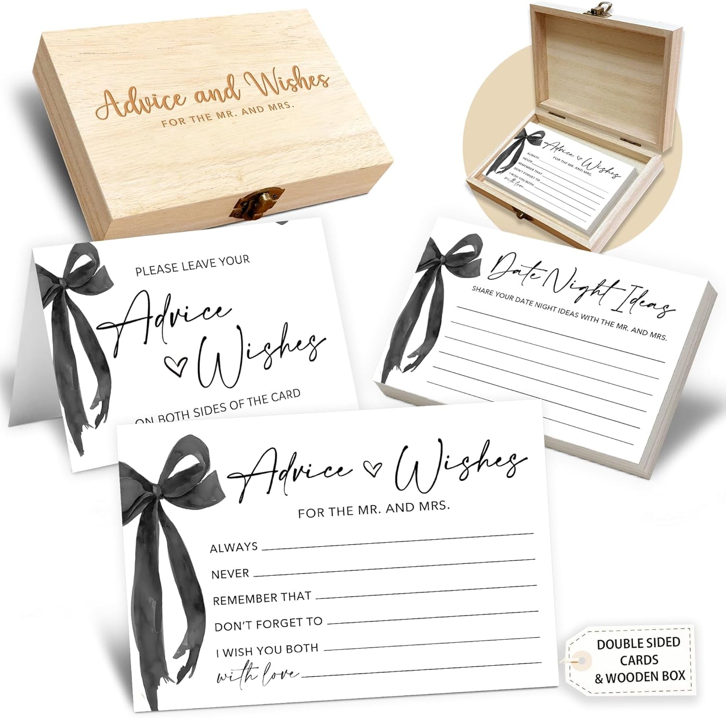 50 Pcs Advice and Wishes for the Mr and Mrs Cards in Box - Bridal Shower Guest Book - Perfect for Newlywed Games, Reception Decor, Engagement Parties & Anniversary Wishes(Black Bow) - B07