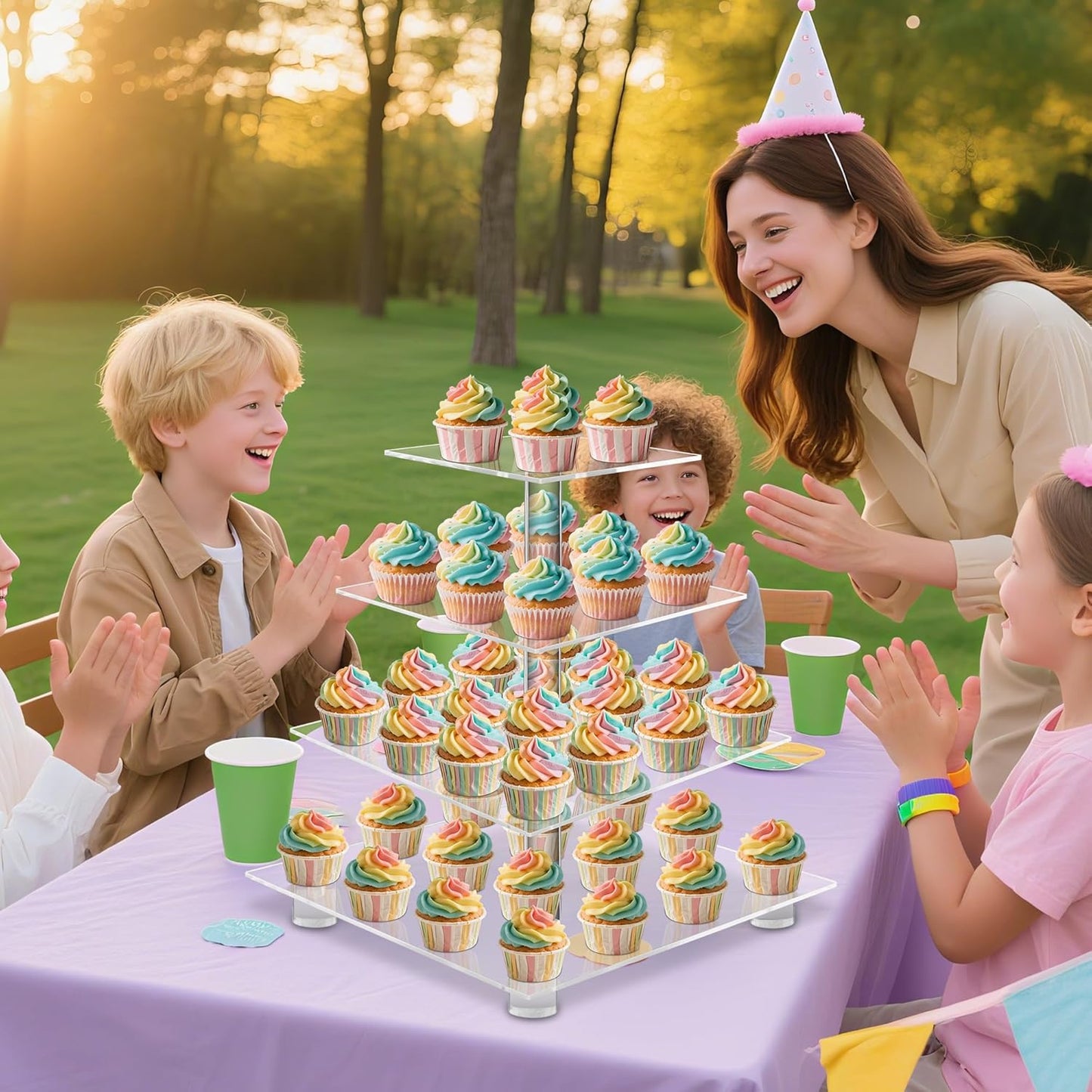 YestBuy 4 Tier Acrylic Cupcake Stand with Base, Premium Cupcake Holder, Acrylic Cupcake Tower Display Cady Bar Party Décor – Display for Pastry(4.7" Between 2 Layers)…