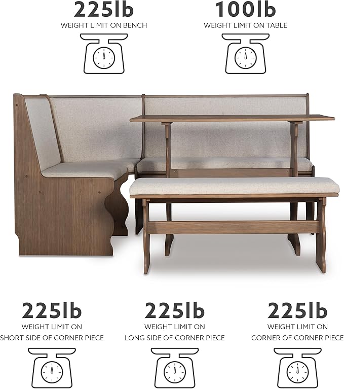 Linon Lucy Natural Wood and Linen Upholstered Corner Nook Kitchen Dining Set - Image 2