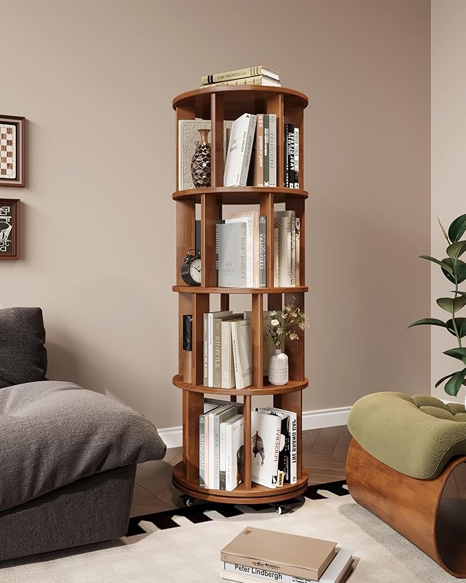 4-Tier Solid Wood Rotating Bookshelf on Wheels, 360° Spinning Book Shelf Tower - Image 9