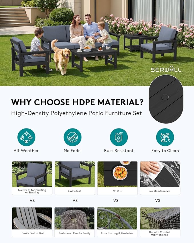 SERWALL HDPE Patio Furniture Set, 7-piece Outdoor Sectional Sofa Set, All - Image 3