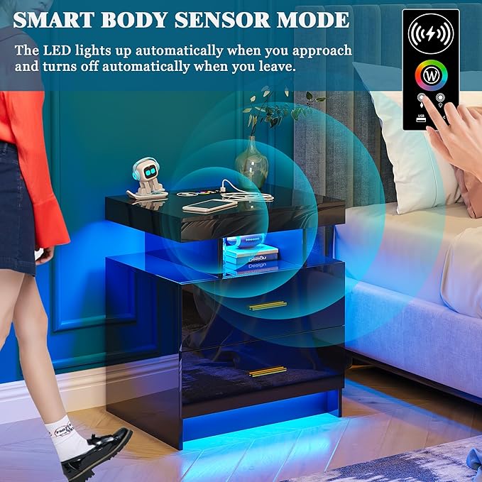 WOOVIVS Night Stand Set 2 with USB/Type-C/Wireless Charging Station, Blakc - Image 4