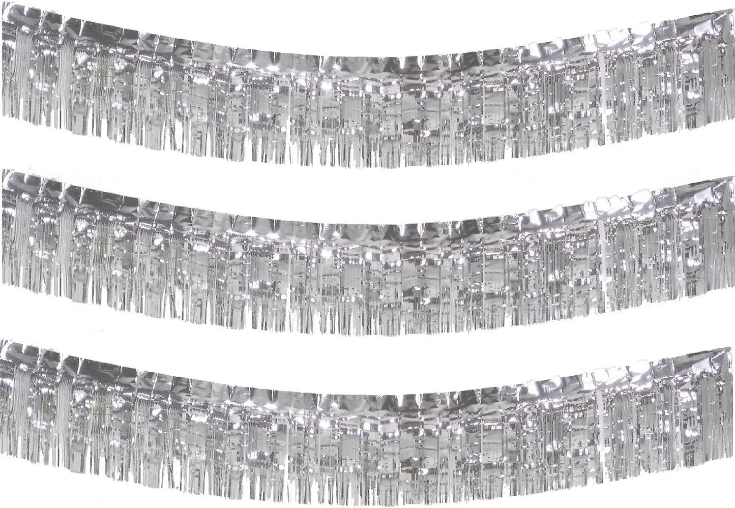 10 Feet Long Roll Foil Fringe Garland - Pack of 3 | Shiny Metallic Tassle Banner | Ideal for Parade Floats, Bridal Shower, Wedding, Birthday | Wall Hanging Fringe Garland Banner (Silver)